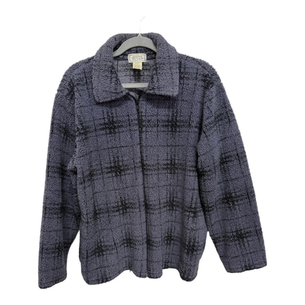 Jennifer Moore Vintage Plaid Fleece Full Zip Jacket Plush Blue Black size Medium